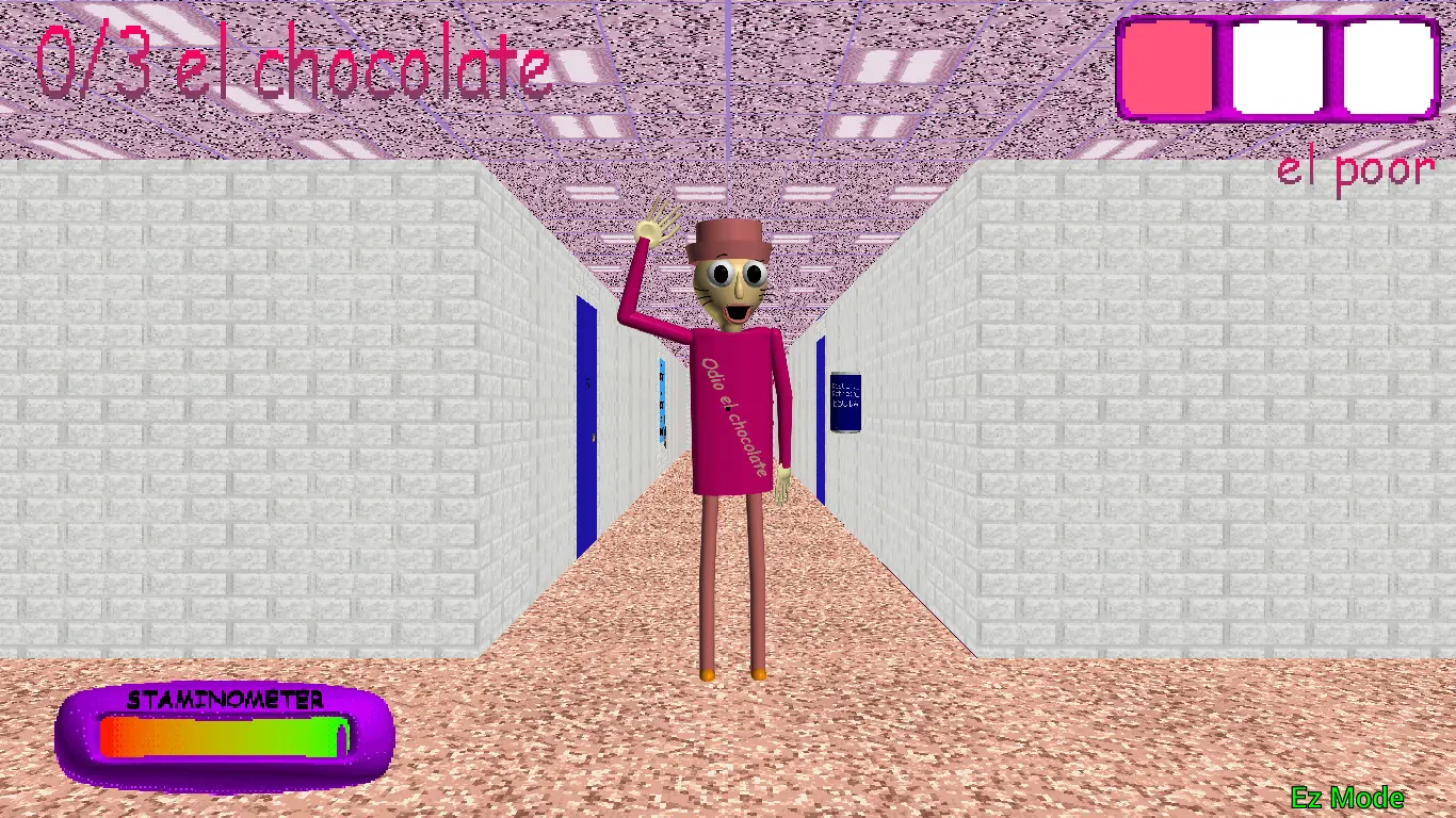 Low Cortisol Mode screenshot with the central character at the far end of a hallway