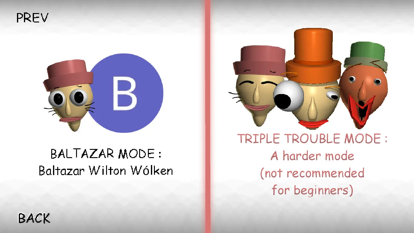 Second mode page naming Baltazar and warning that Triple Trouble is hard