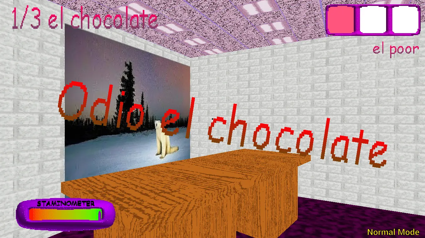 School room with a wall sign reading Odio el chocolate