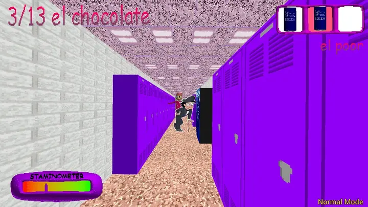 Purple locker corridor with 3 of 13 chocolates counted and stamina meter visible
